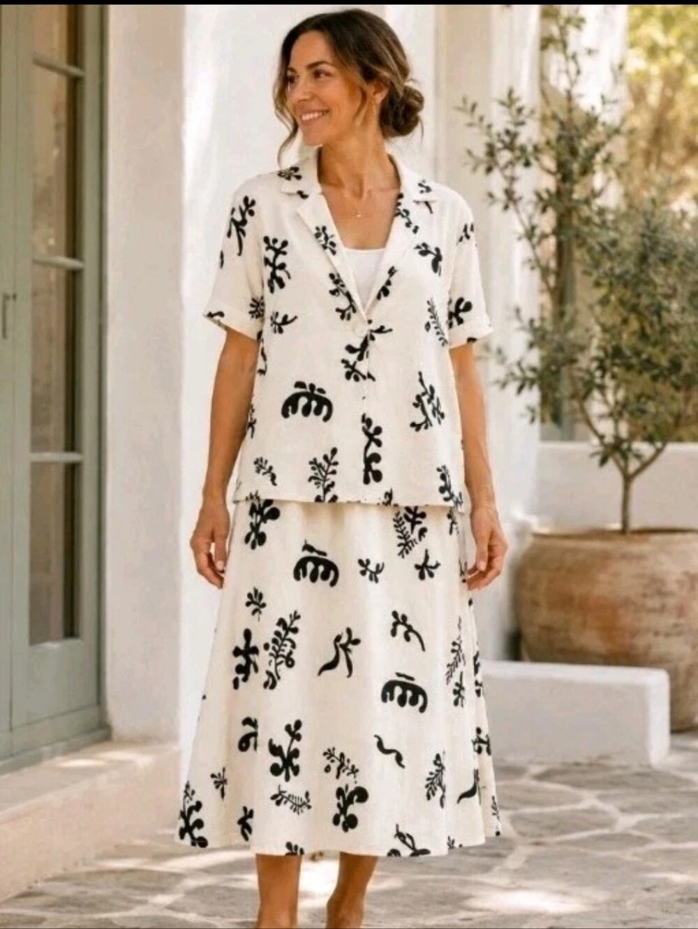 Paper Heart Women's White & Black Printed Midi Skirt Set Linen Cotton Boho Beach